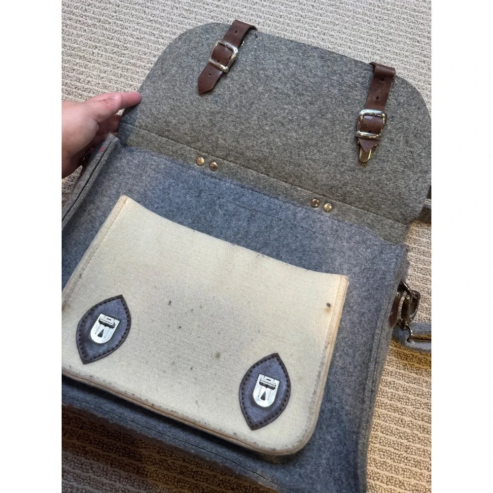 Grey‎ Felt Satchel Messenger Bag Two Tone Buckle Strap Shoulder Bag
